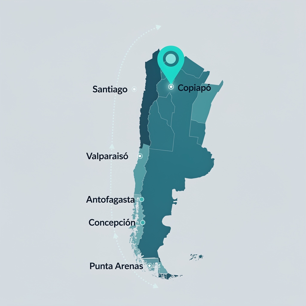 Mapa de Chile mostrando la cobertura de envíos de Val-Tero desde Copiapó